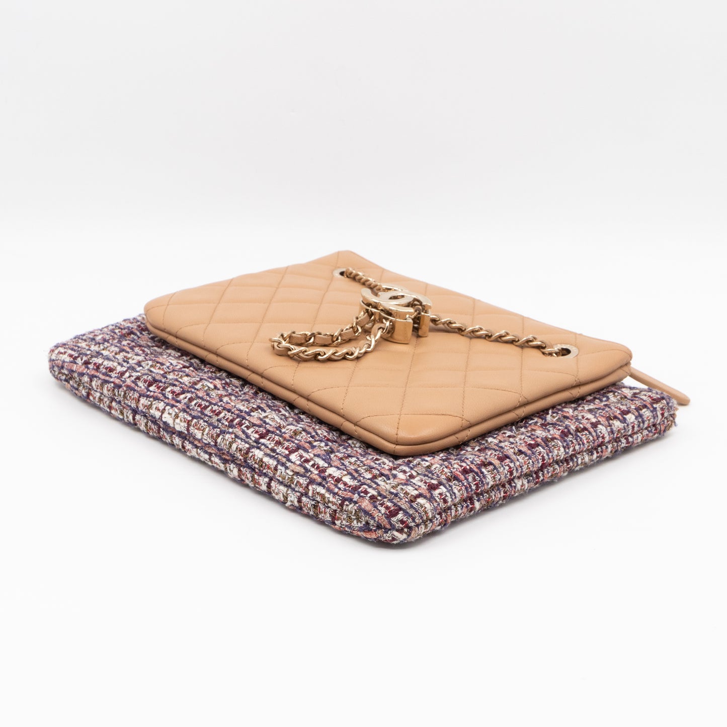 Matelasse Double Pouch With Strap Beige Leather & Tweed