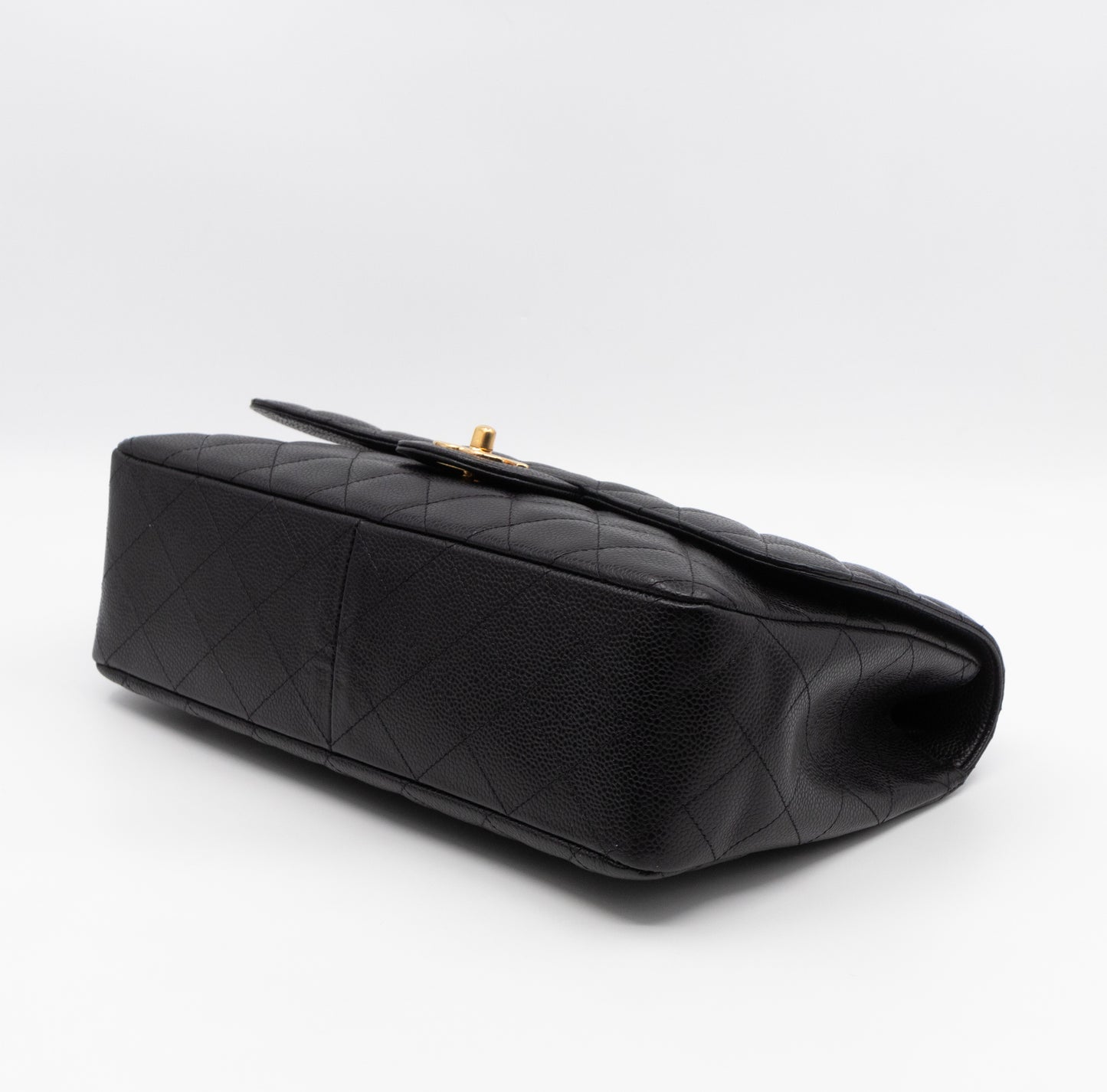 Classic Single Flap Jumbo Black Caviarskin Leather Gold