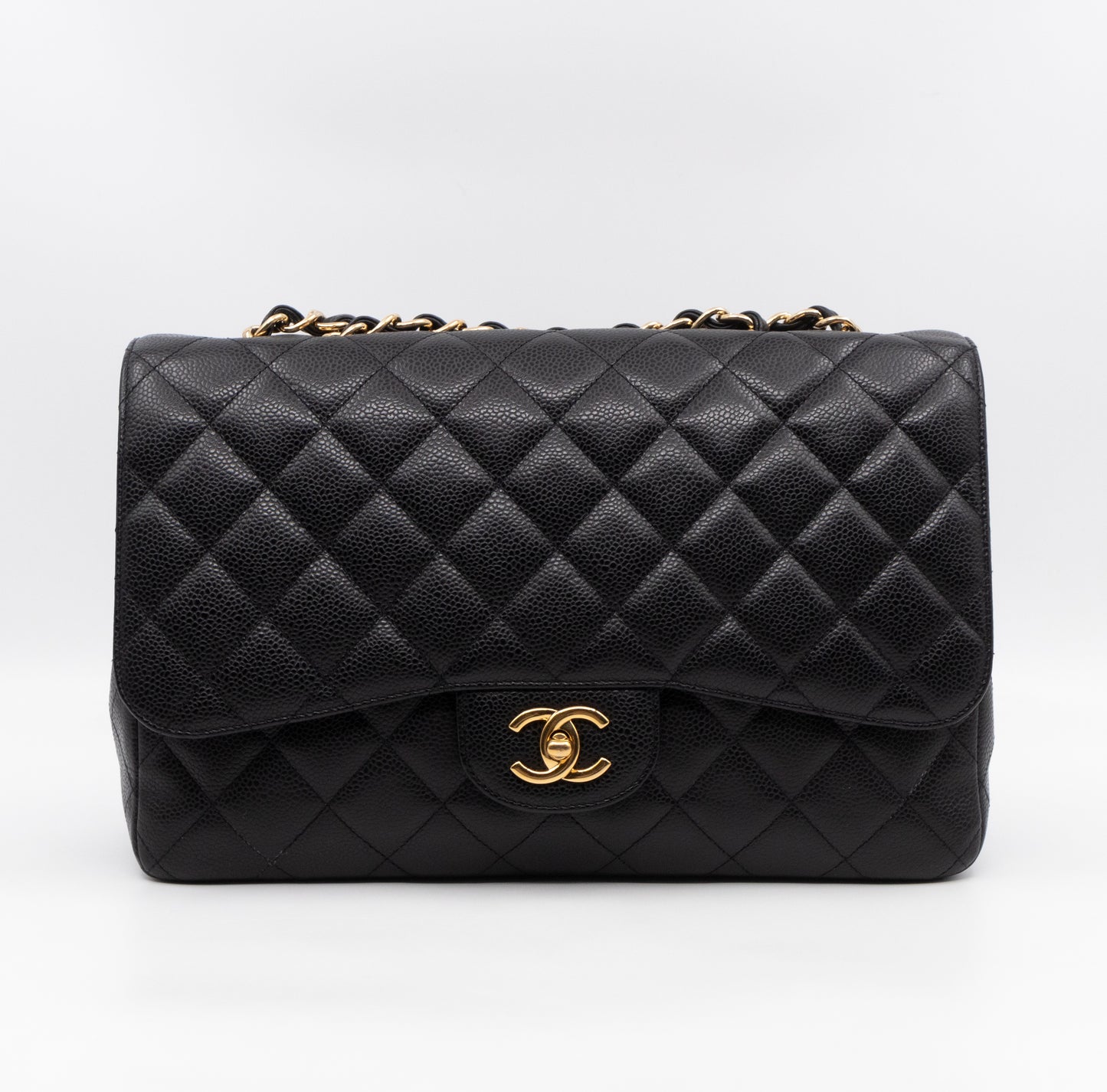 Classic Single Flap Jumbo Black Caviarskin Leather Gold