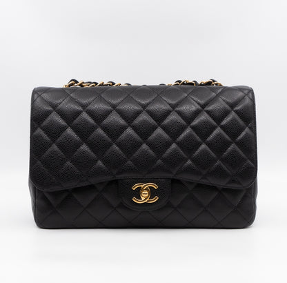 Classic Single Flap Jumbo Black Caviarskin Leather Gold