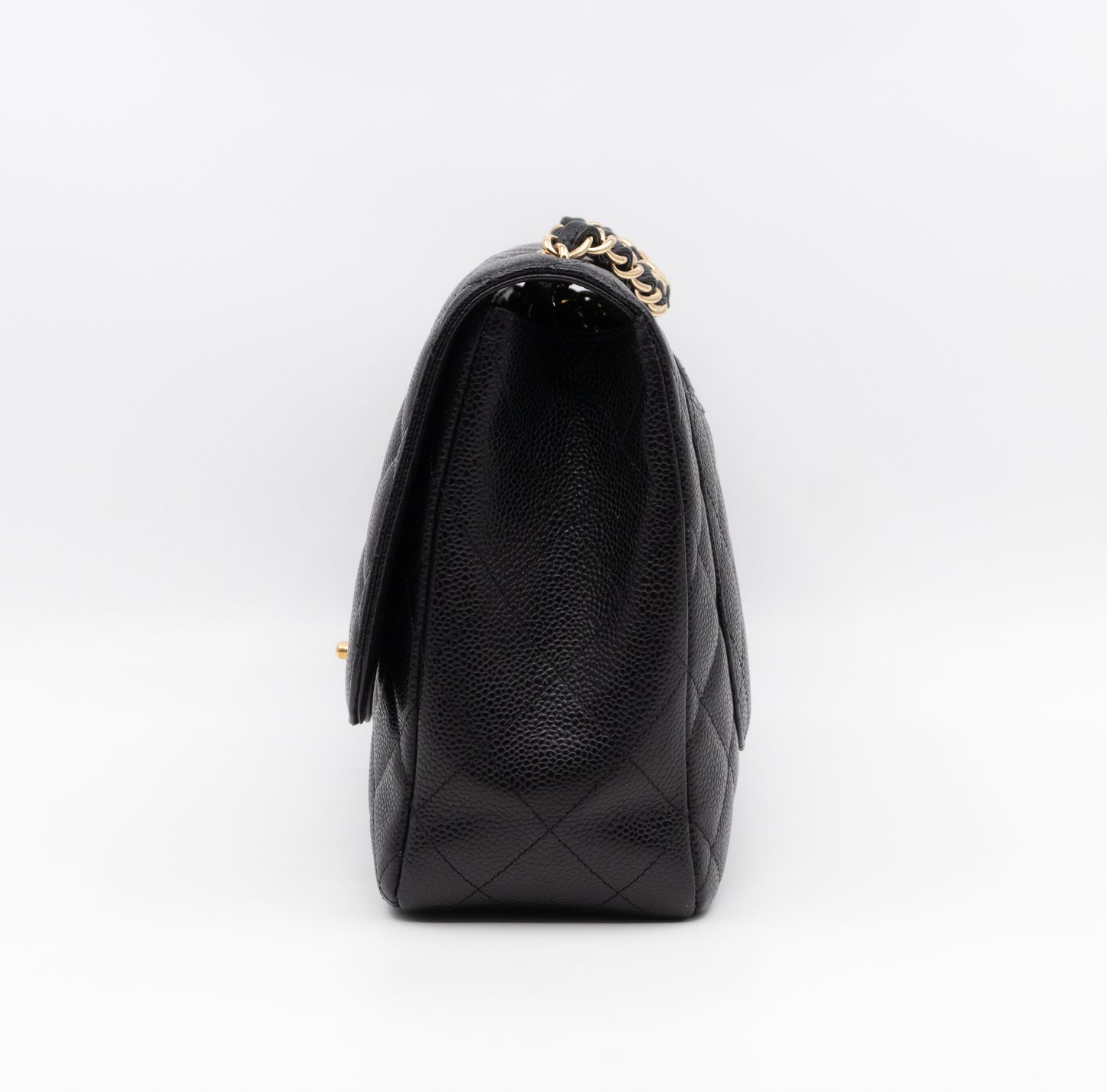 Classic Single Flap Jumbo Black Caviarskin Leather Gold