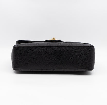 Classic Single Flap Jumbo Black Caviarskin Leather Gold