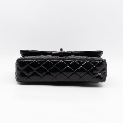 Classic Double Flap Medium Black Patent Leather Silver