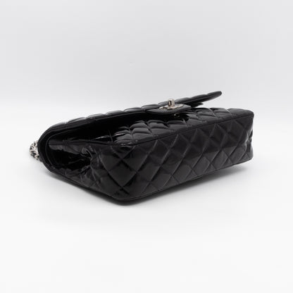 Classic Double Flap Medium Black Patent Leather Silver