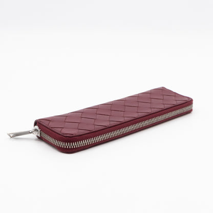 Slim Pencil Case Burgundy Intrecciato Leather