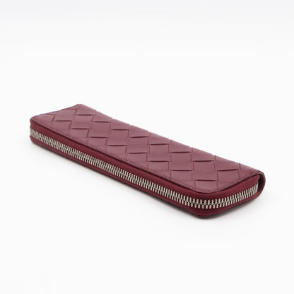 Slim Pencil Case Burgundy Intrecciato Leather