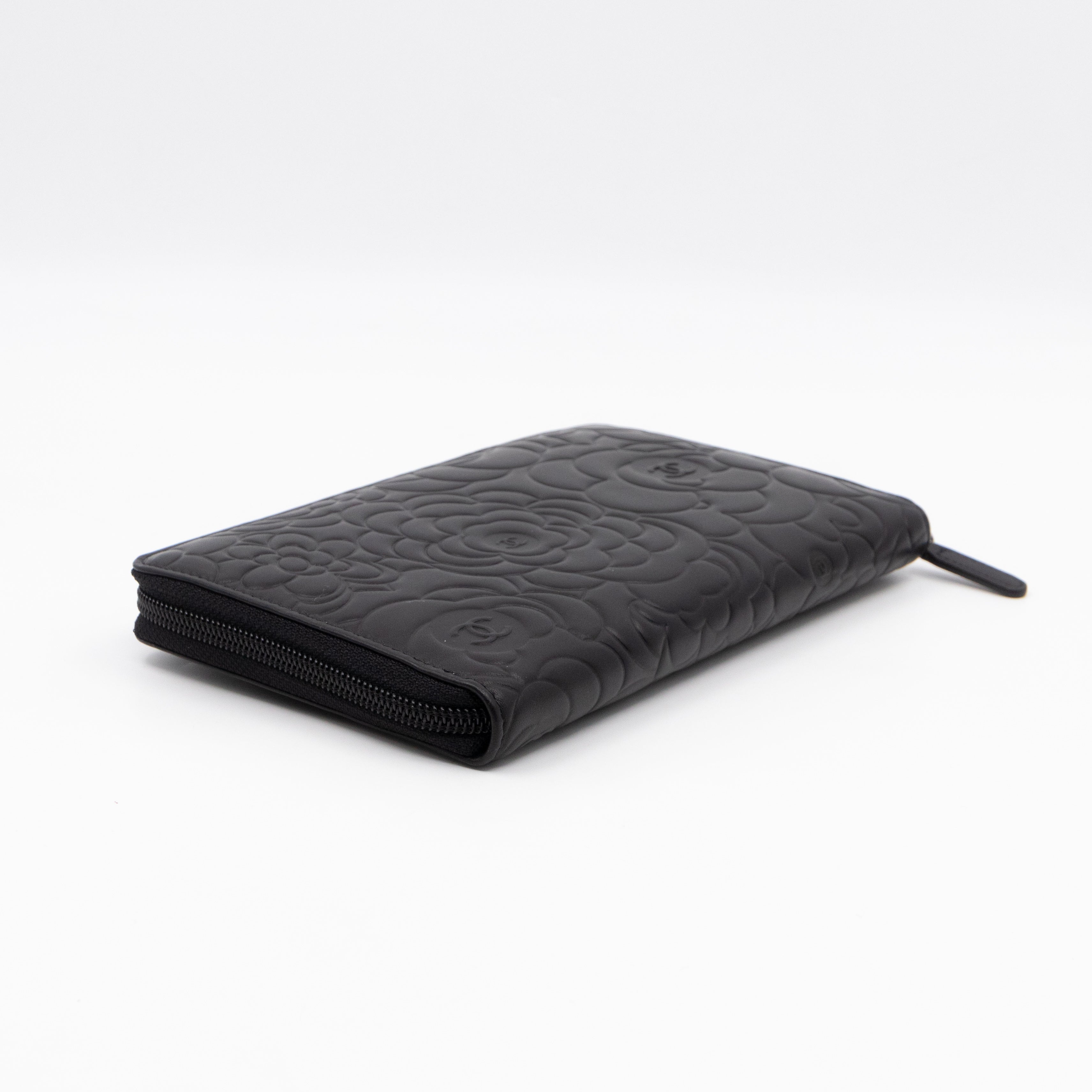 Camellia Embossed Zip Around Organizer Wallet Black Lambskin