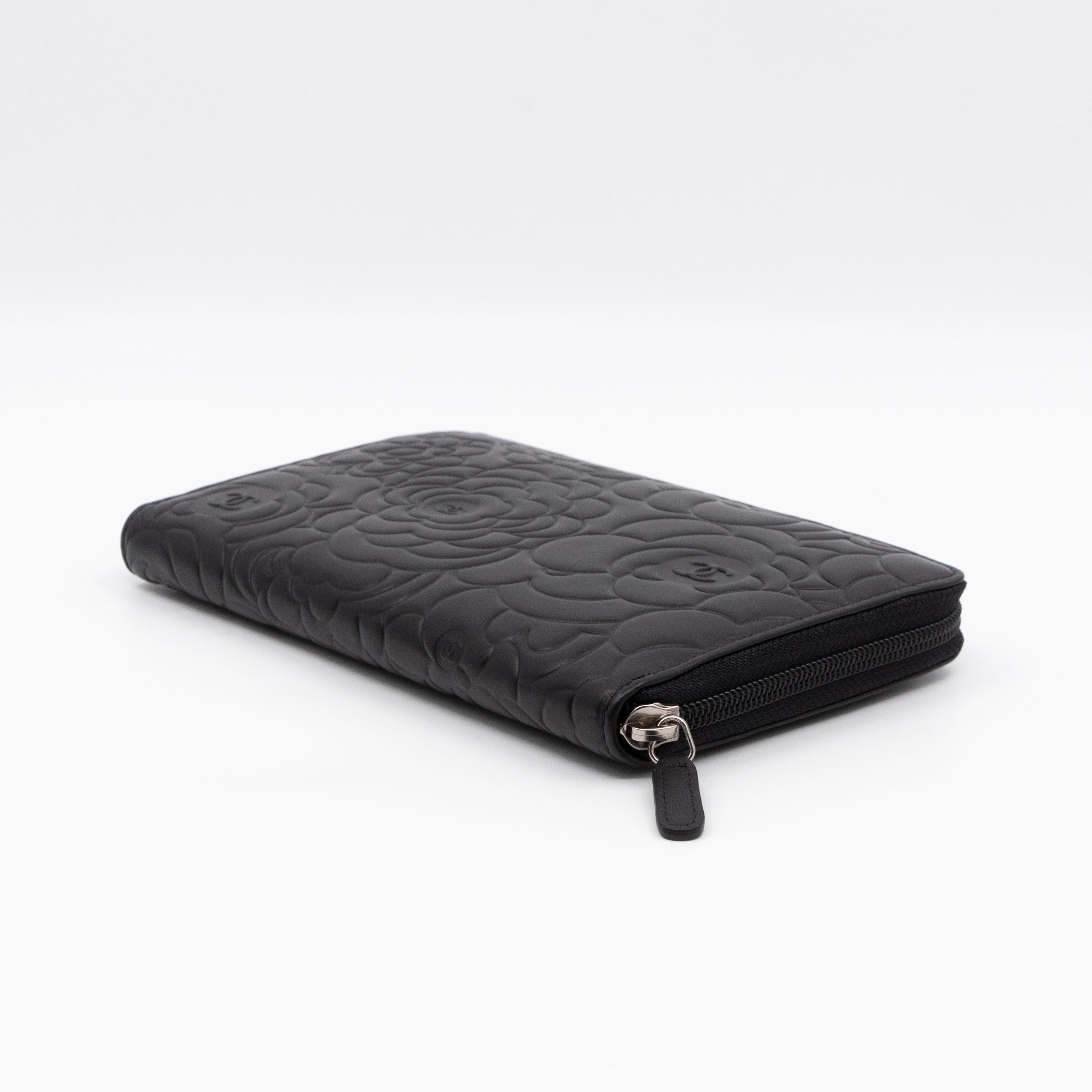 Camellia Embossed Zip Around Organizer Wallet Black Lambskin
