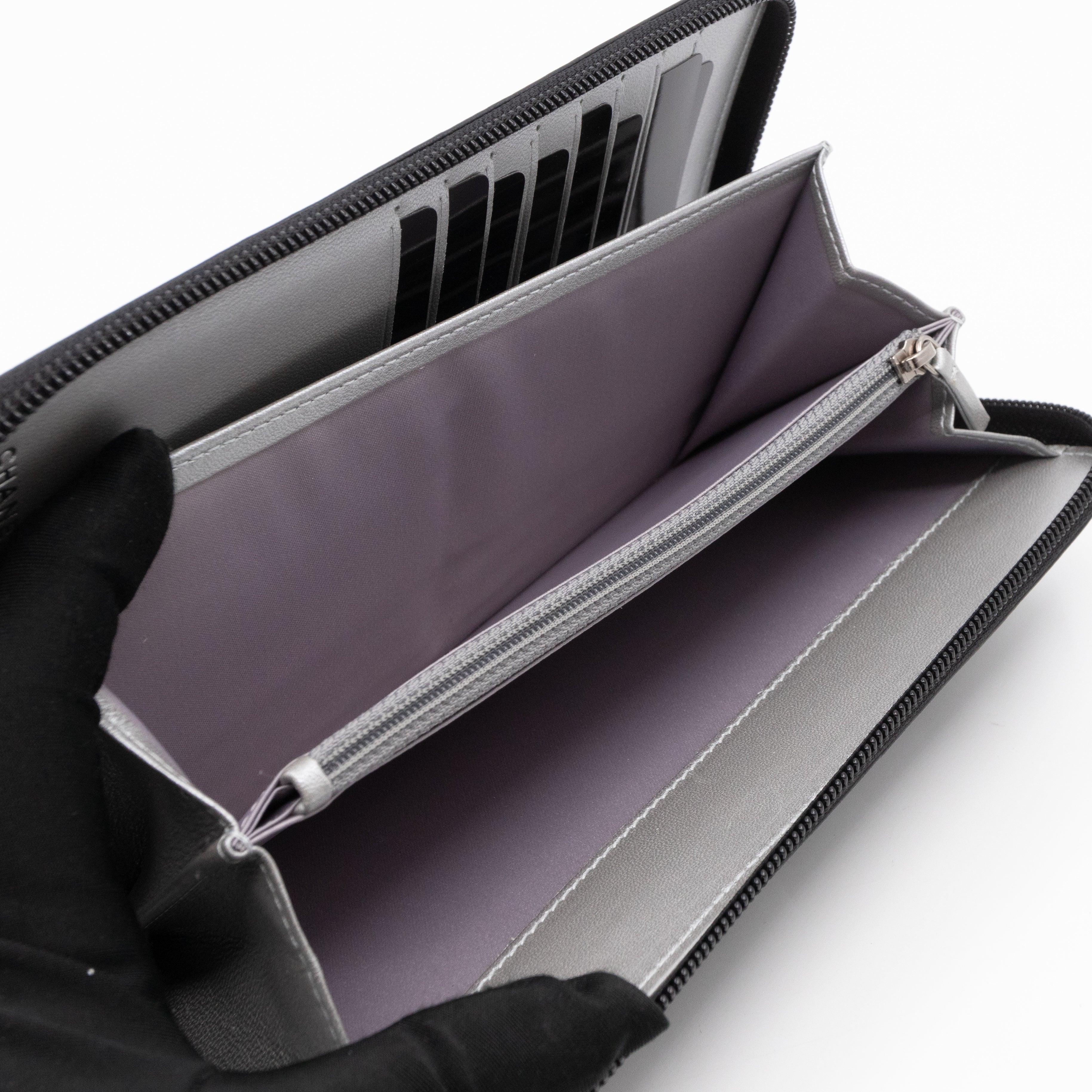 Camellia Embossed Zip Around Organizer Wallet Black Lambskin