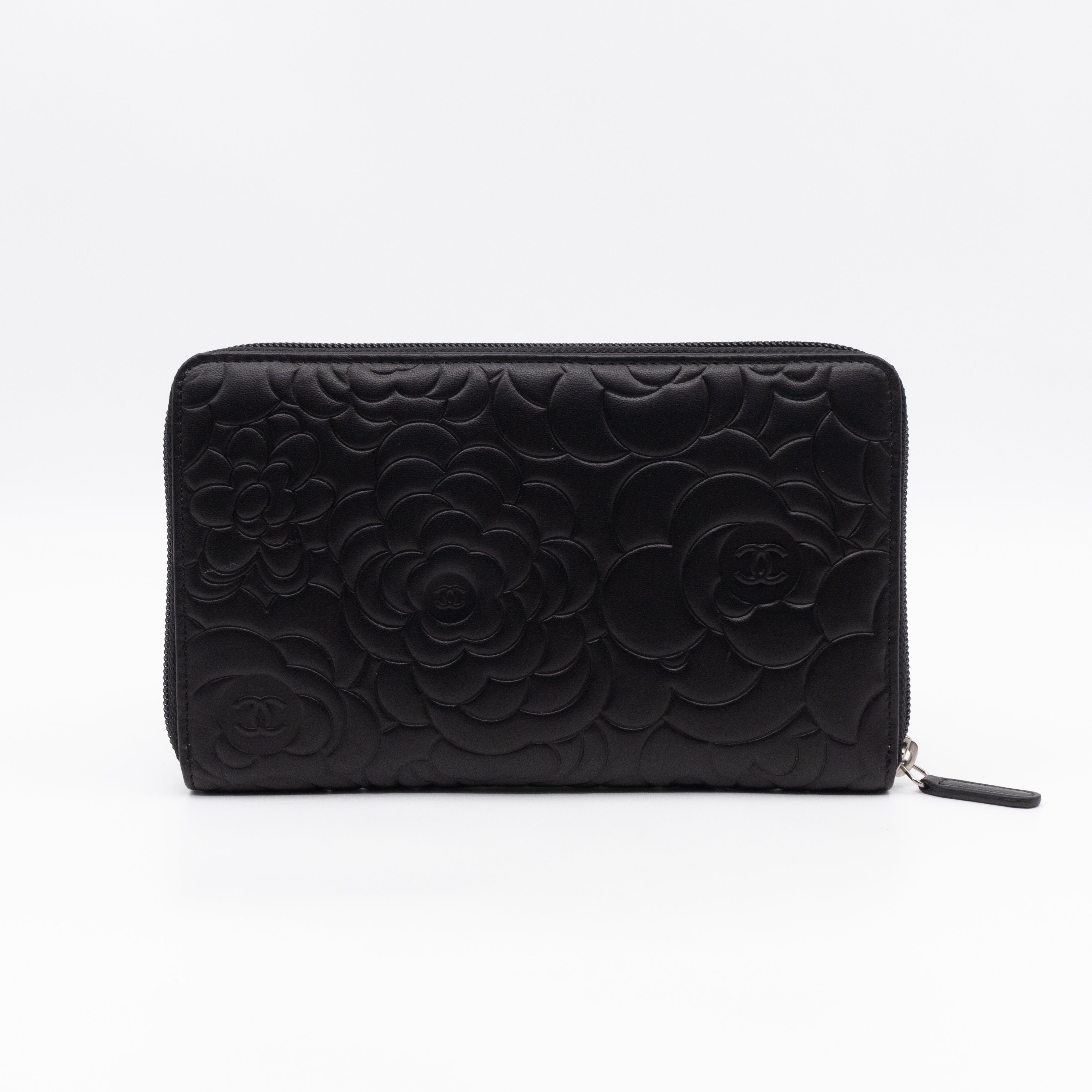 Camellia Embossed Zip Around Organizer Wallet Black Lambskin