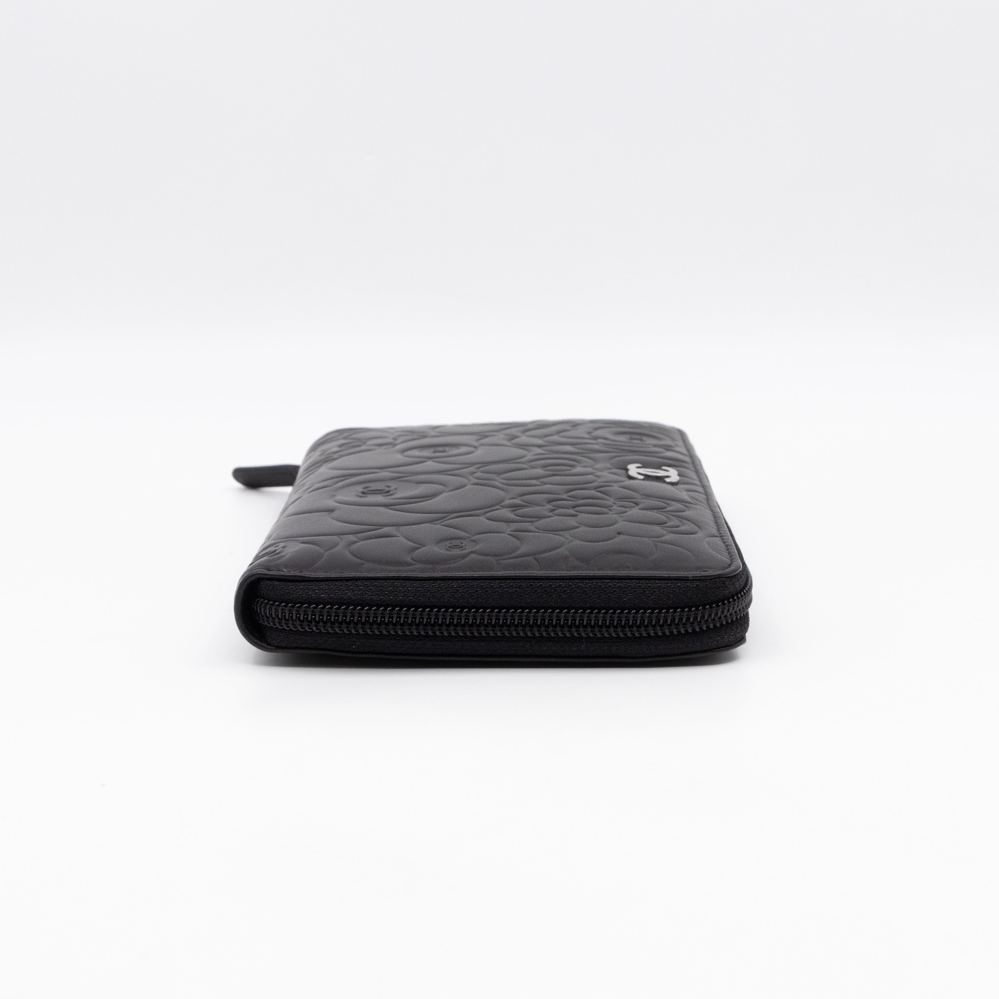 Camellia Embossed Zip Around Organizer Wallet Black Lambskin