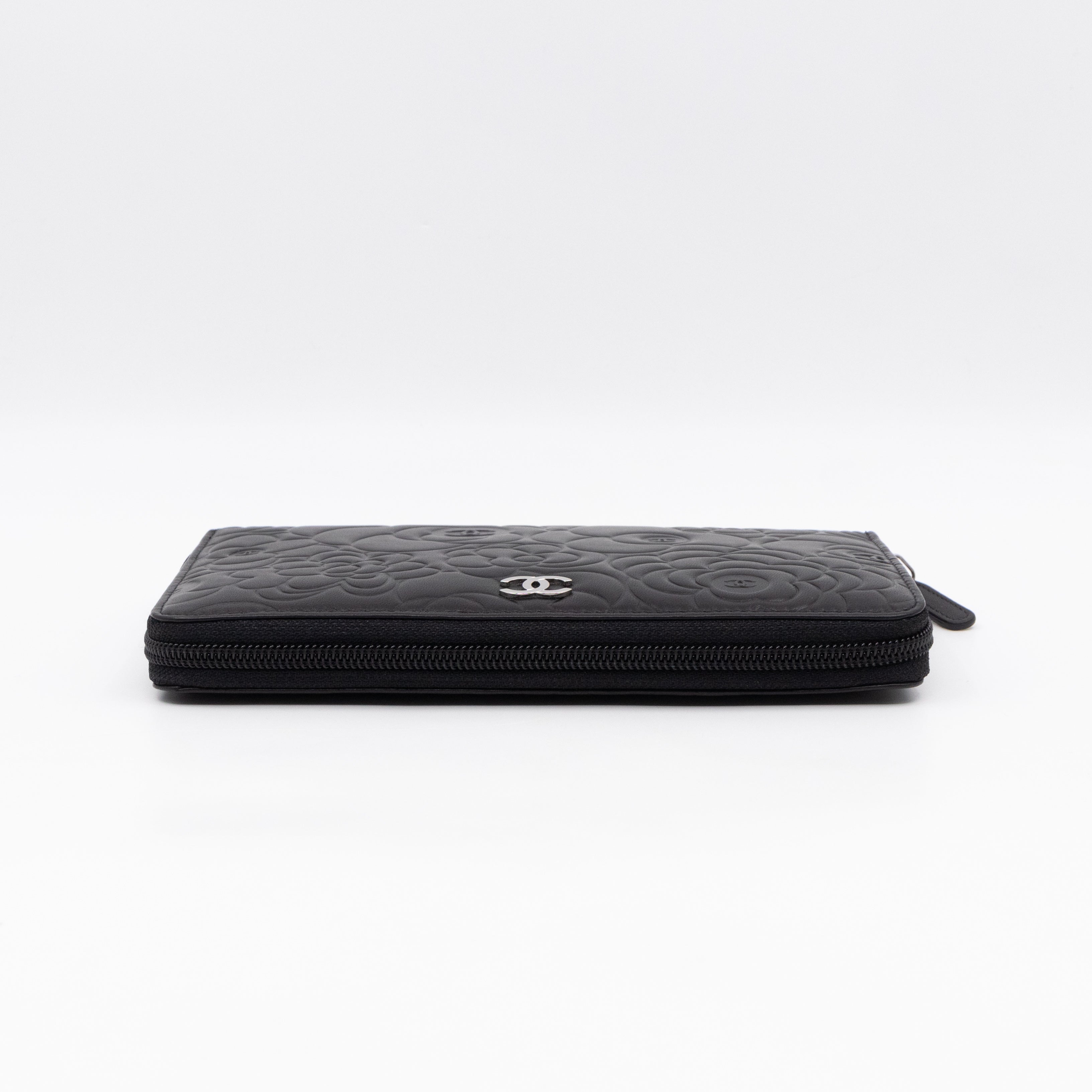 Camellia Embossed Zip Around Organizer Wallet Black Lambskin