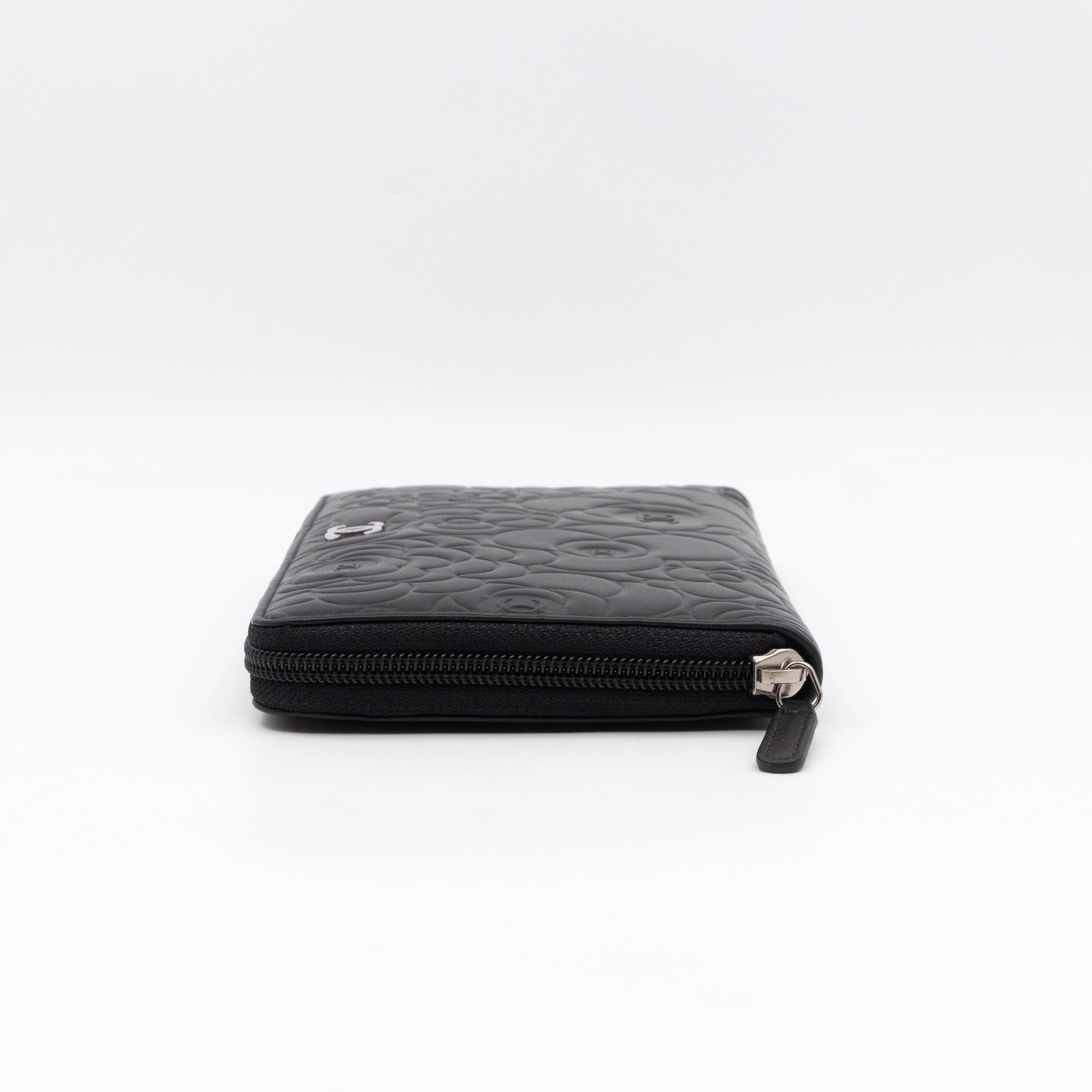 Camellia Embossed Zip Around Organizer Wallet Black Lambskin