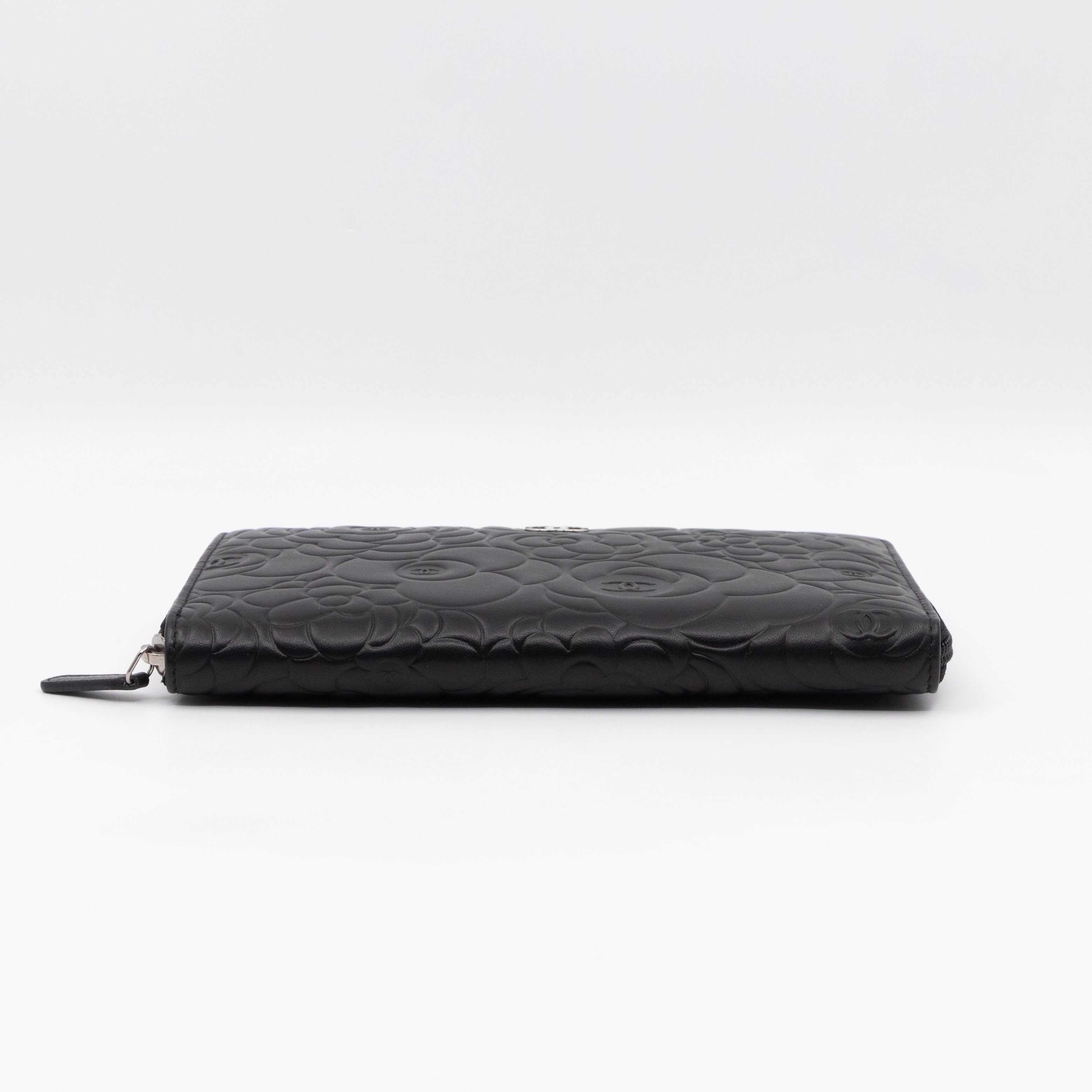 Camellia Embossed Zip Around Organizer Wallet Black Lambskin