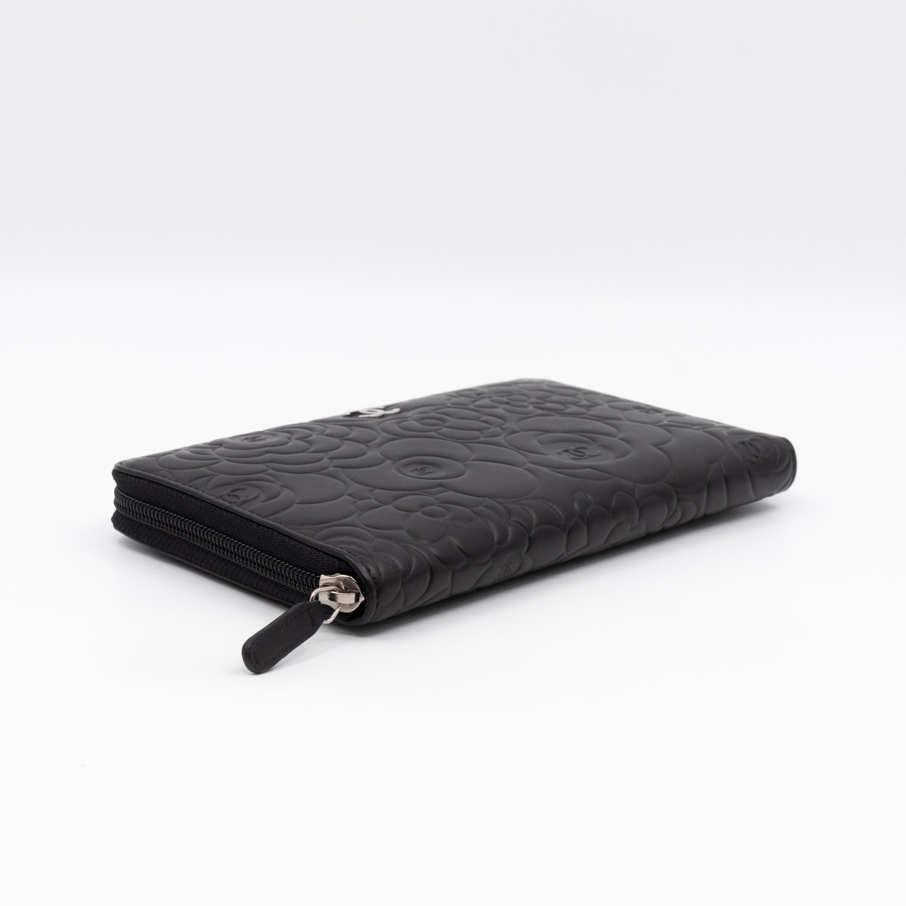 Camellia Embossed Zip Around Organizer Wallet Black Lambskin