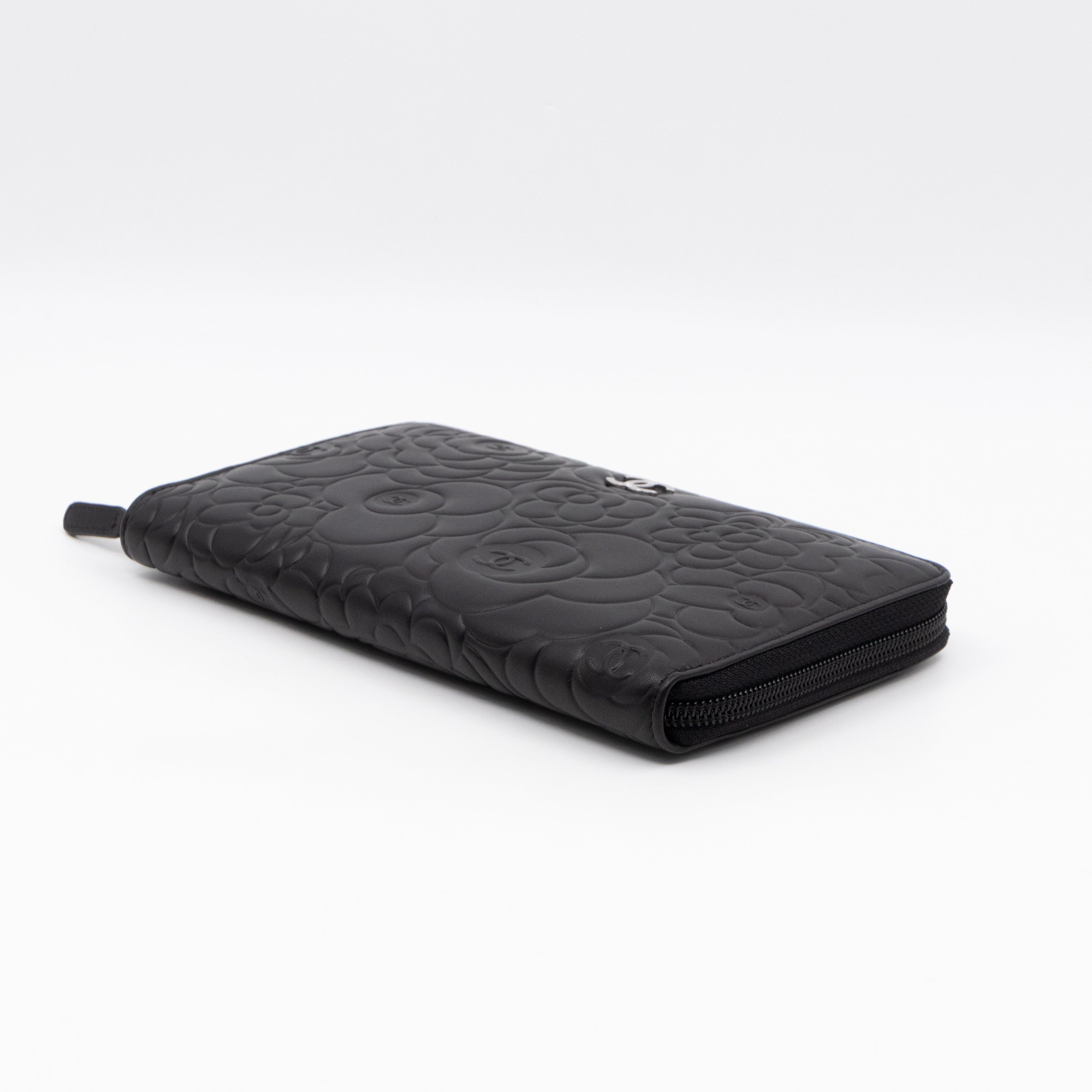 Camellia Embossed Zip Around Organizer Wallet Black Lambskin