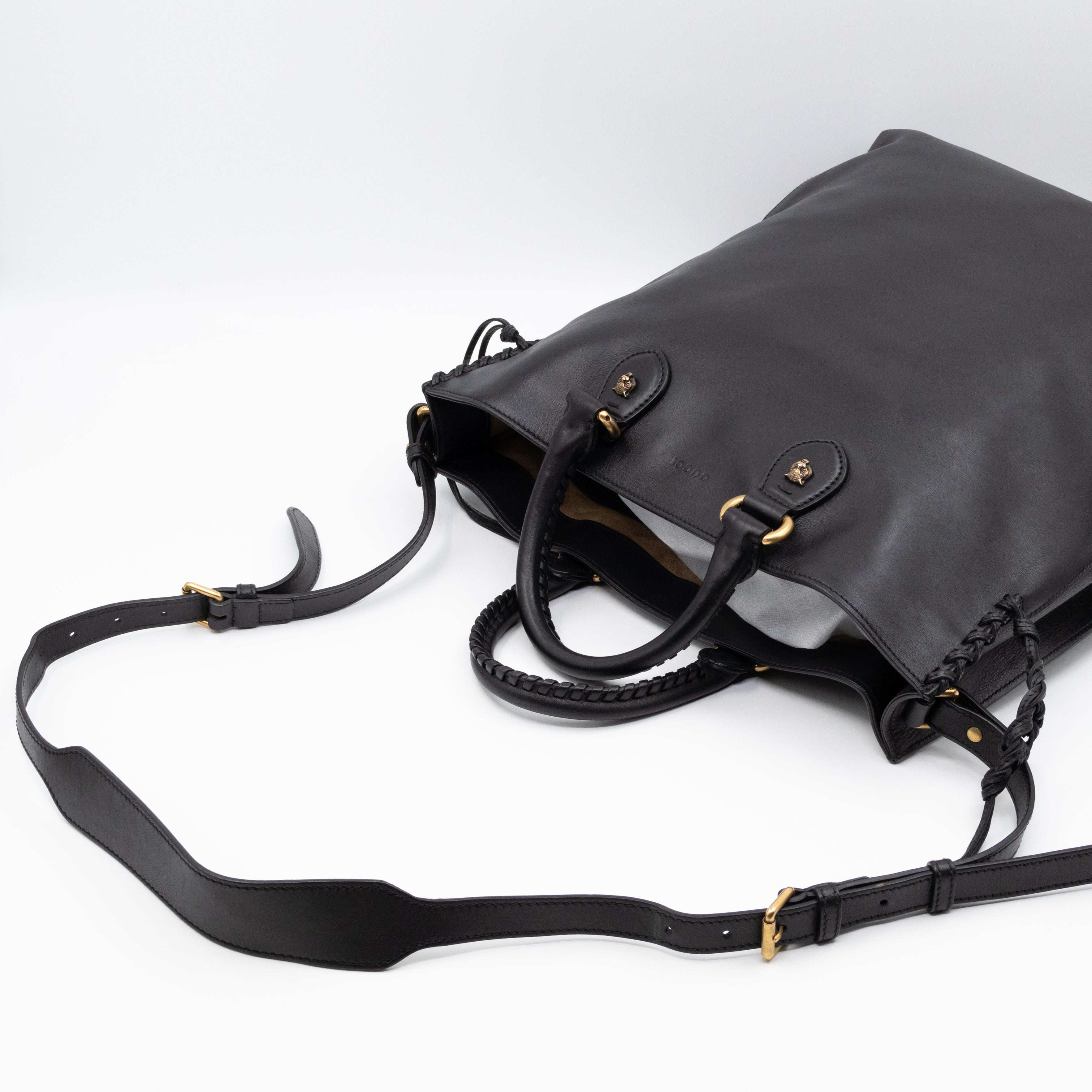 Braided Detail Feline Shopper Bag Black Leather