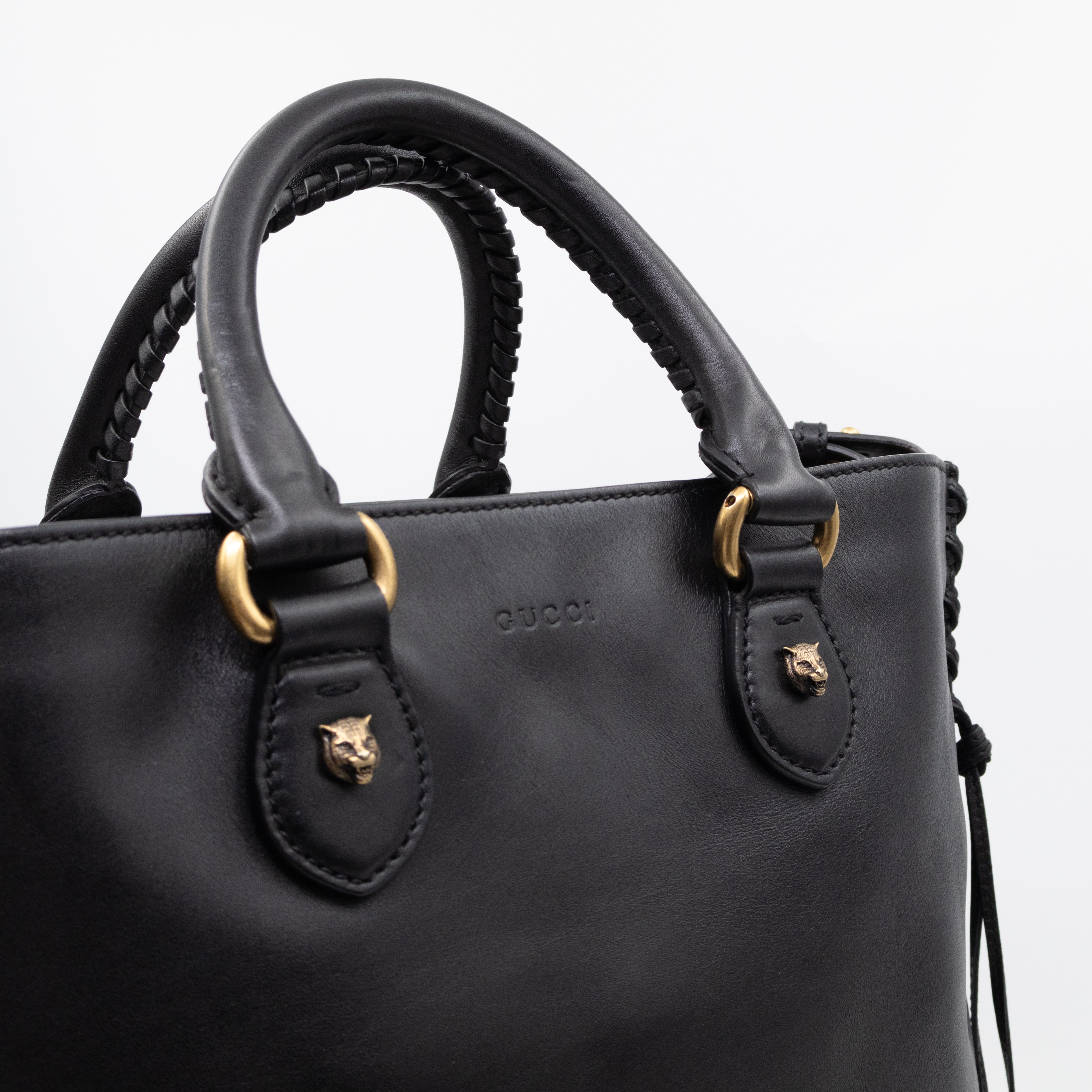 Braided Detail Feline Shopper Bag Black Leather