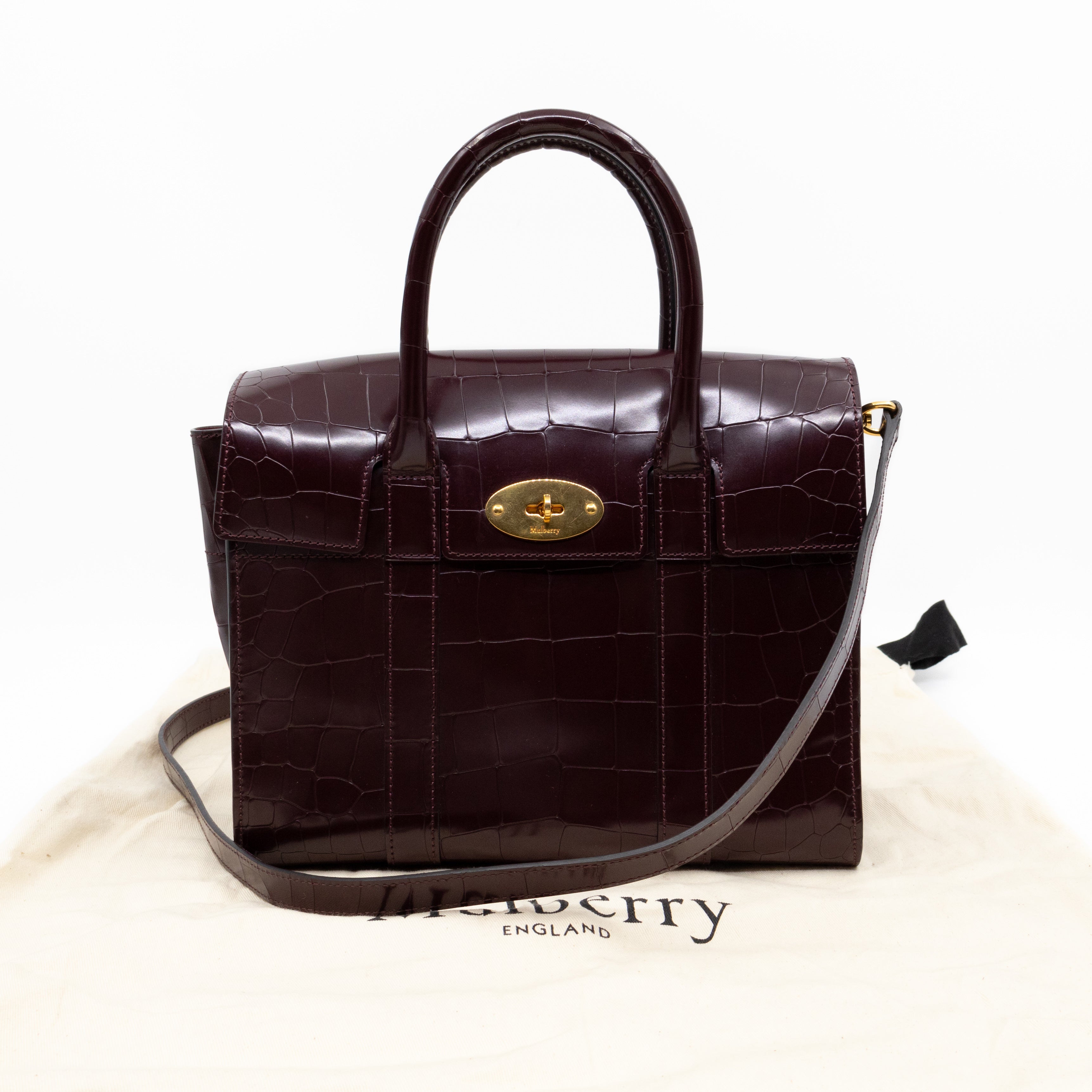 Mulberry Small Bayswater Oxblood Polished Croc Embossed Leather