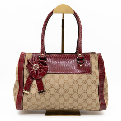Trophy Small Tote Bag Beige GG Canvas Red Python Leather