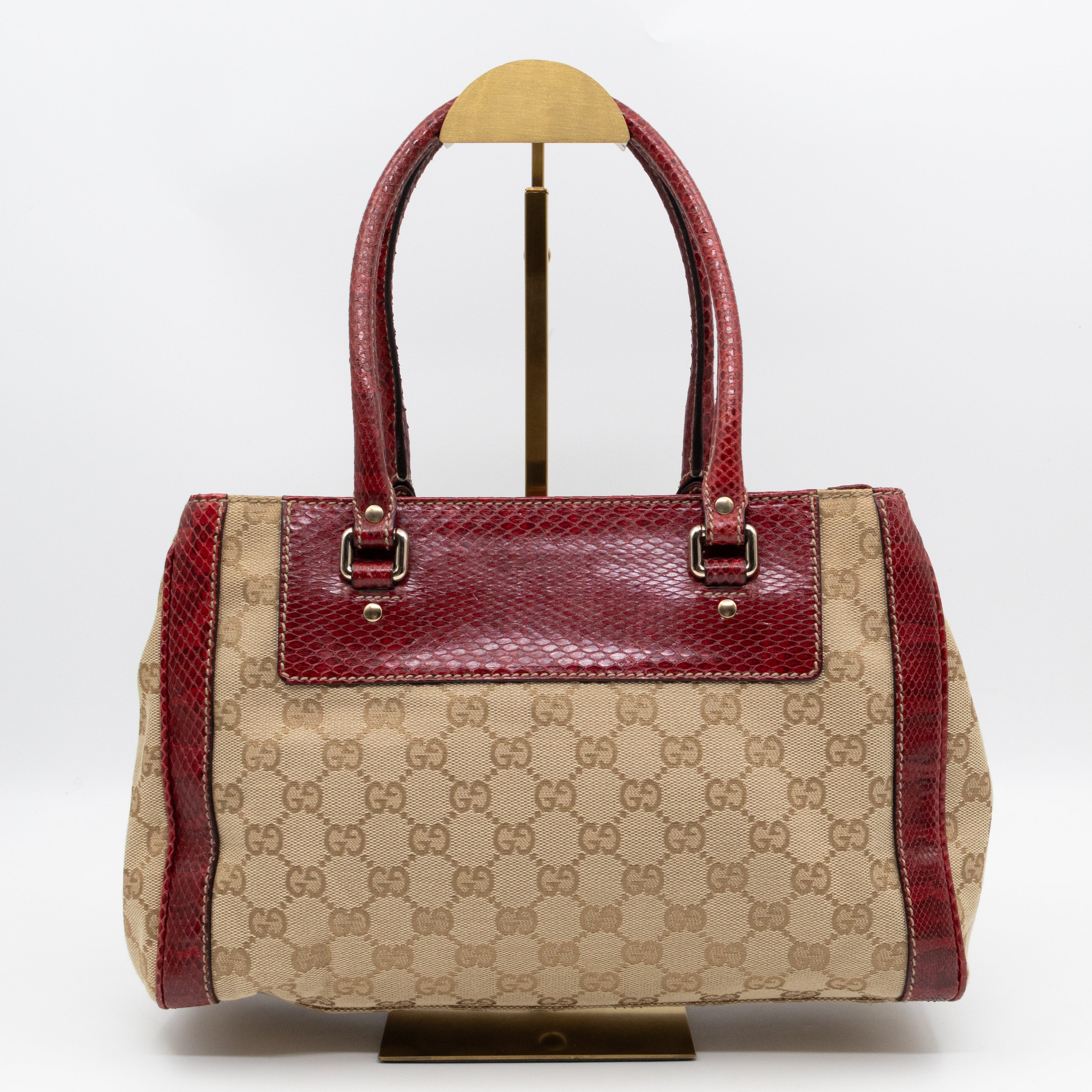 Trophy Small Tote Bag Beige GG Canvas Red Python Leather