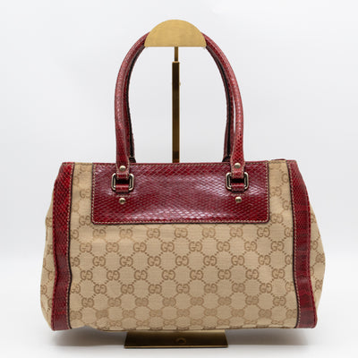 Trophy Small Tote Bag Beige GG Canvas Red Python Leather