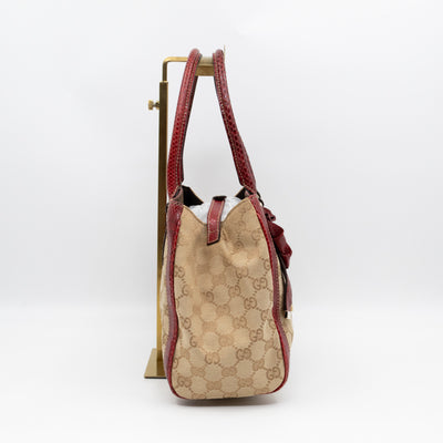 Trophy Small Tote Bag Beige GG Canvas Red Python Leather