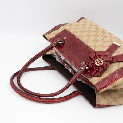 Trophy Small Tote Bag Beige GG Canvas Red Python Leather
