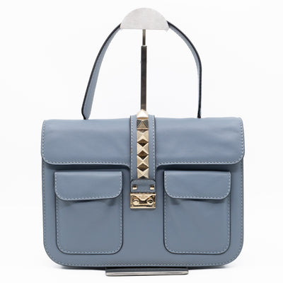 Large Rockstud Glam Lock Top Handle Bag Blue Leather