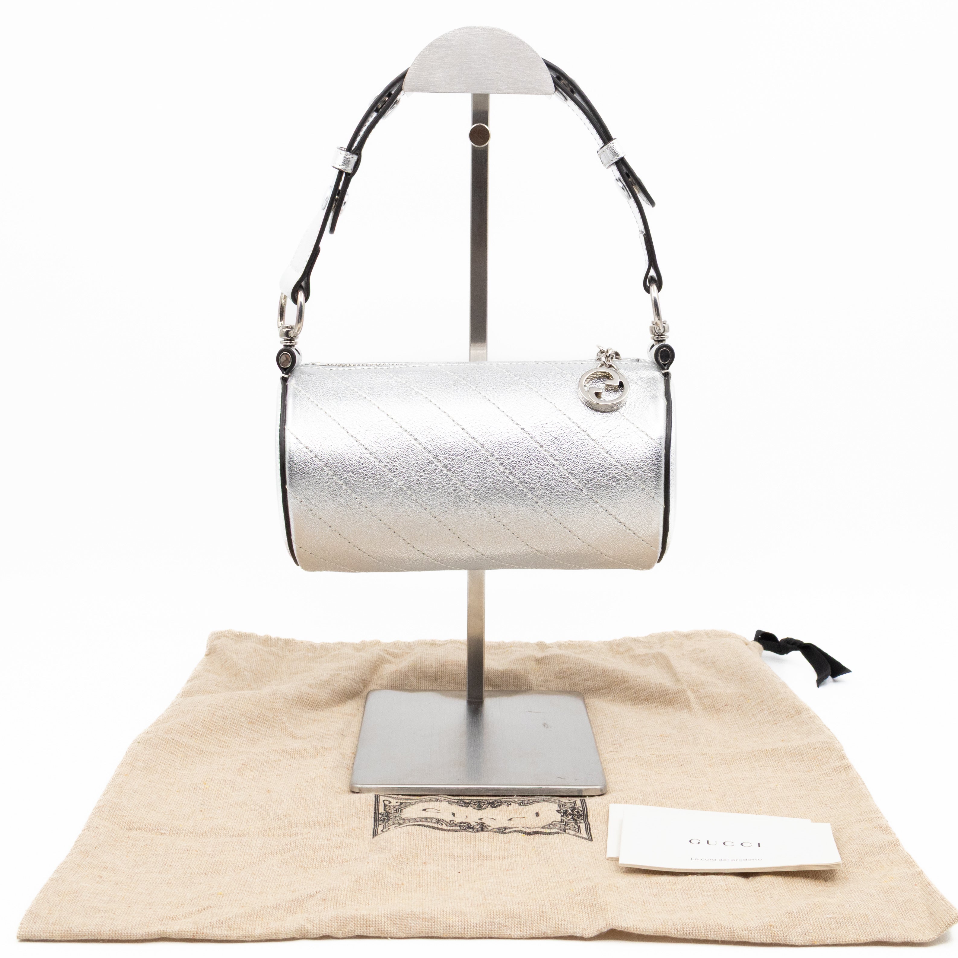 Mini Blondie Shoulder Bag Diagonal Quilted Silver Leather