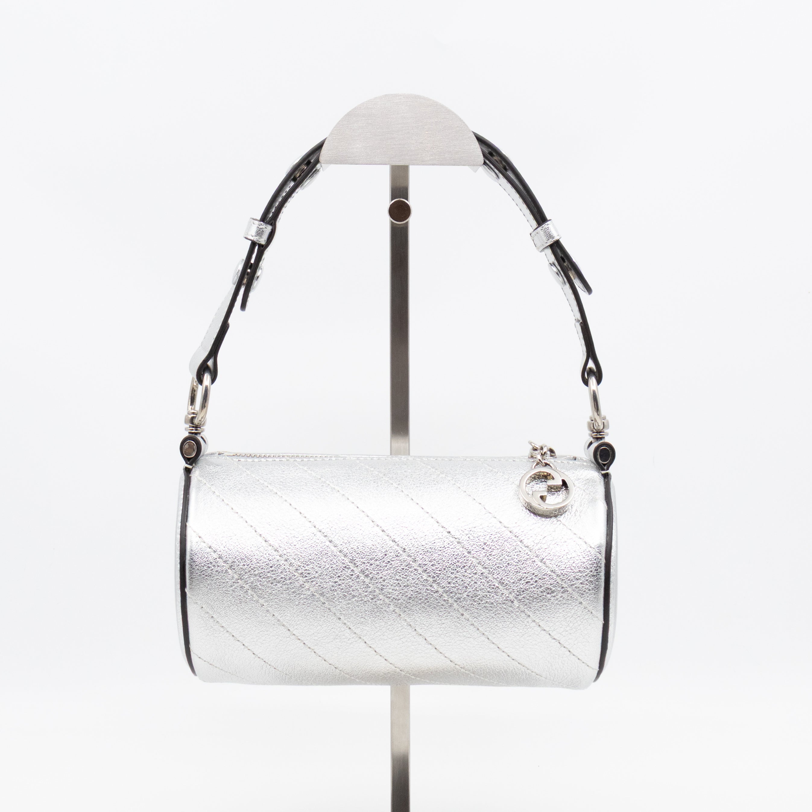 Mini Blondie Shoulder Bag Diagonal Quilted Silver Leather