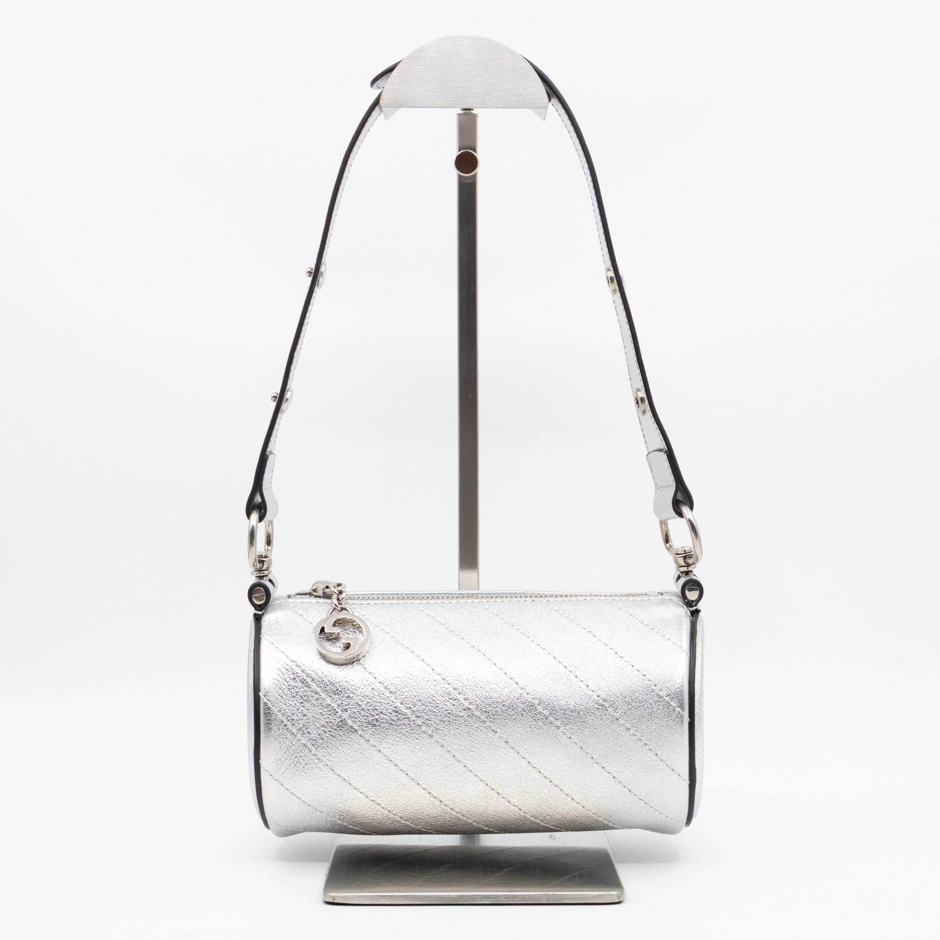 Mini Blondie Shoulder Bag Diagonal Quilted Silver Leather