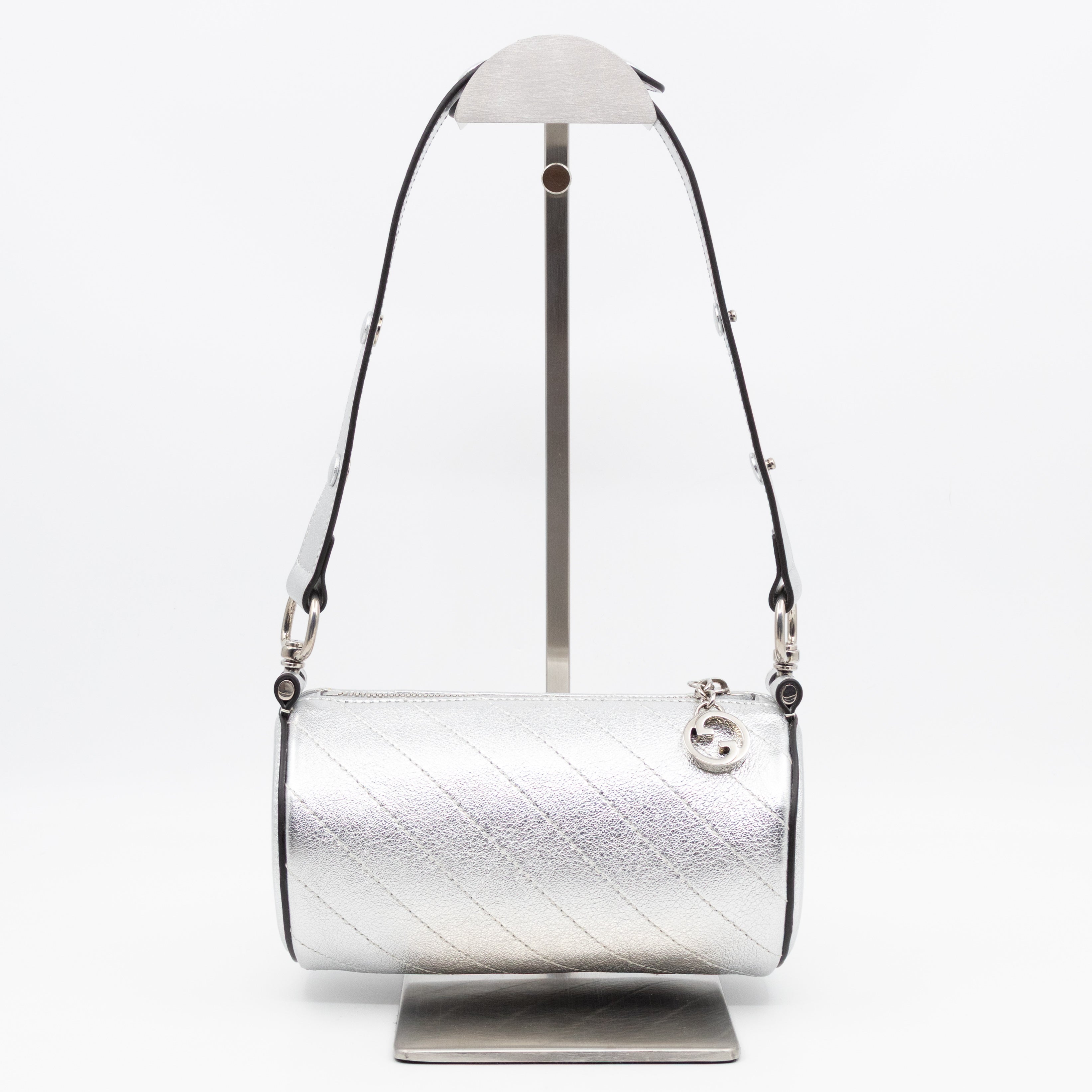Mini Blondie Shoulder Bag Diagonal Quilted Silver Leather