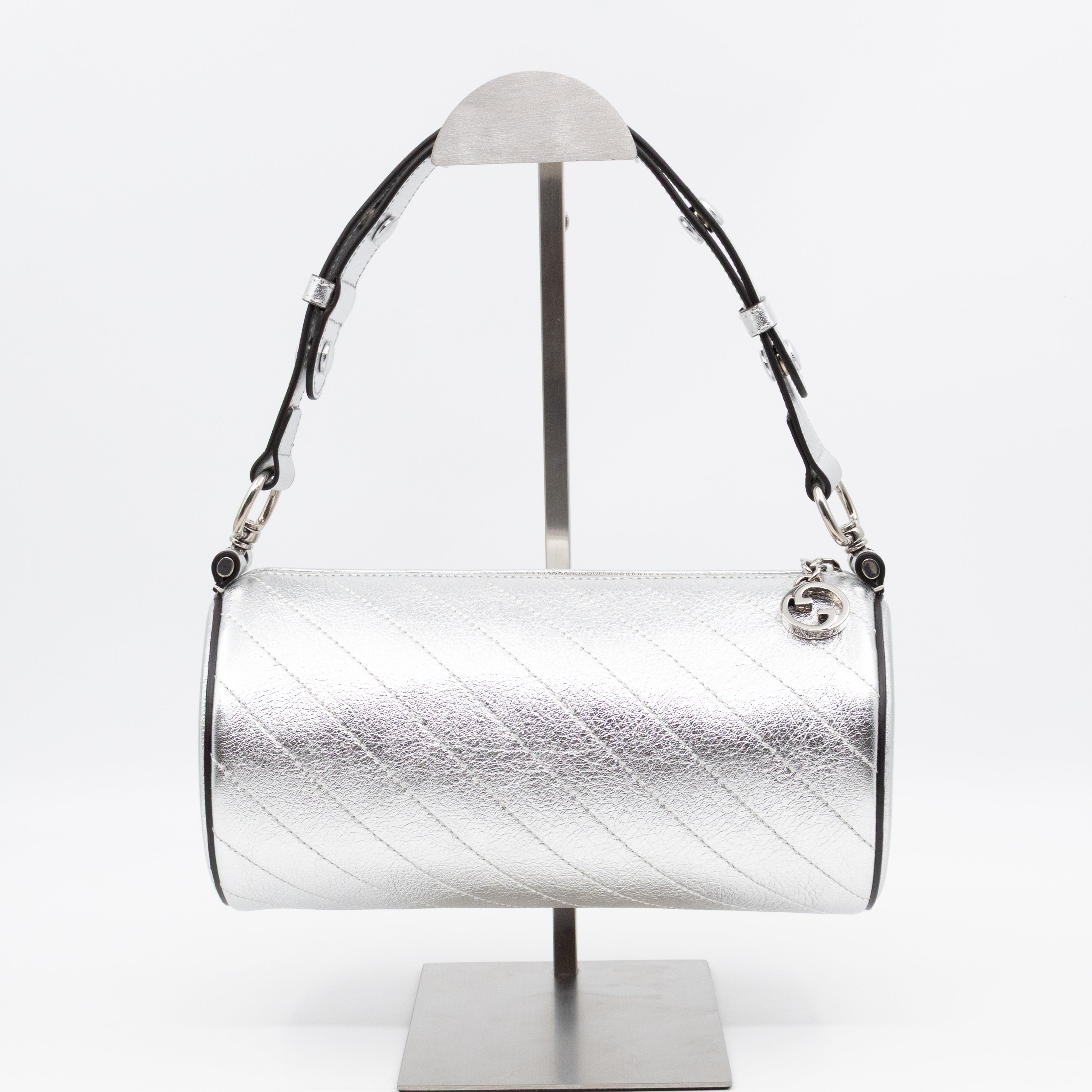 Small Blondie Shoulder Bag Silver Diagonal Quilted Leather