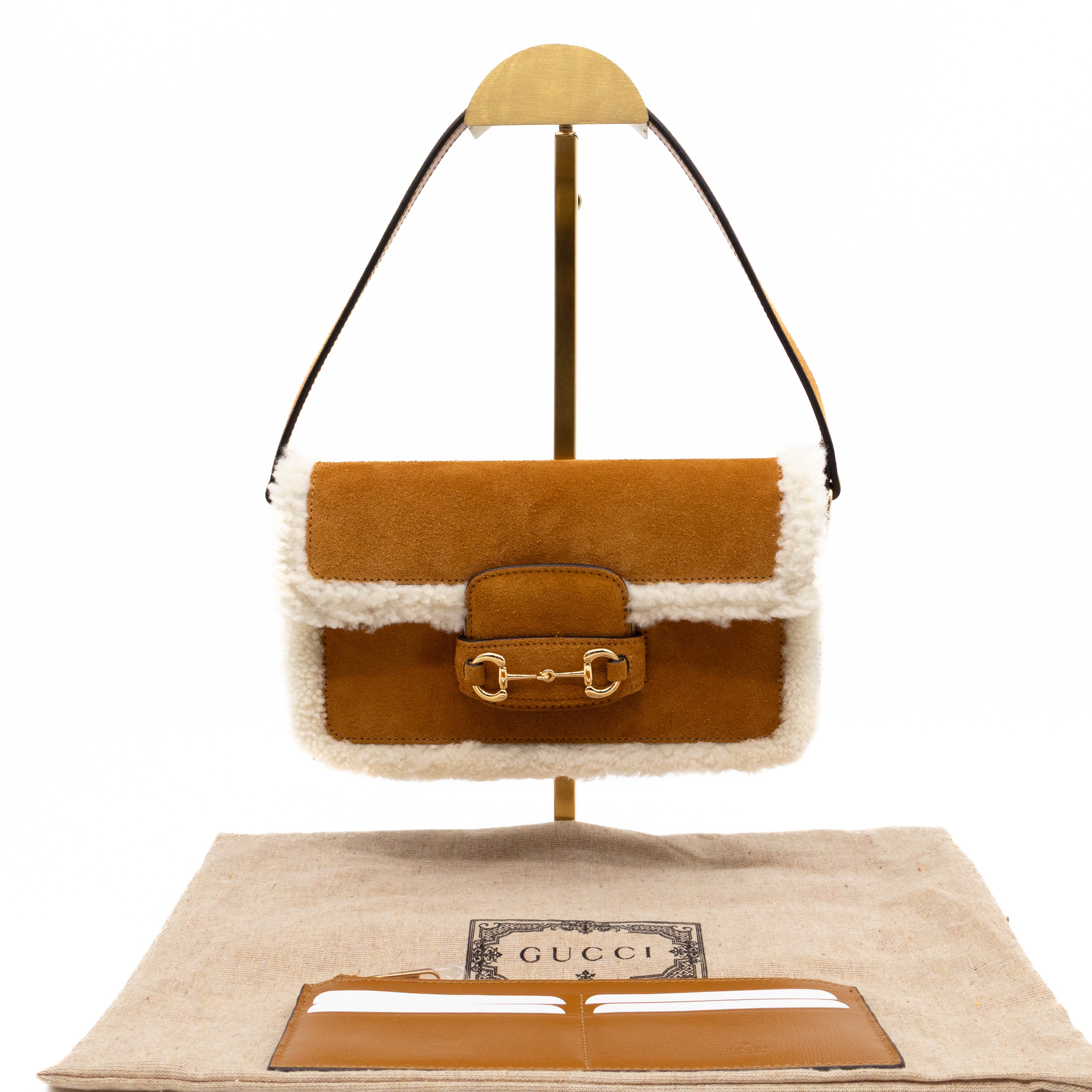 Horsebit 1955 Mini Shoulder Bag Camel Suede Leather Shearling