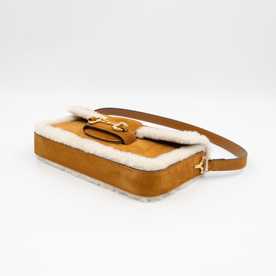 Horsebit 1955 Mini Shoulder Bag Camel Suede Leather Shearling