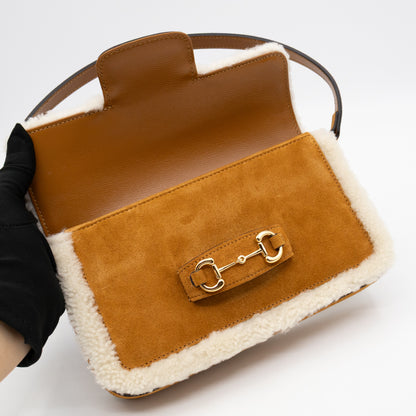 Horsebit 1955 Mini Shoulder Bag Camel Suede Leather Shearling