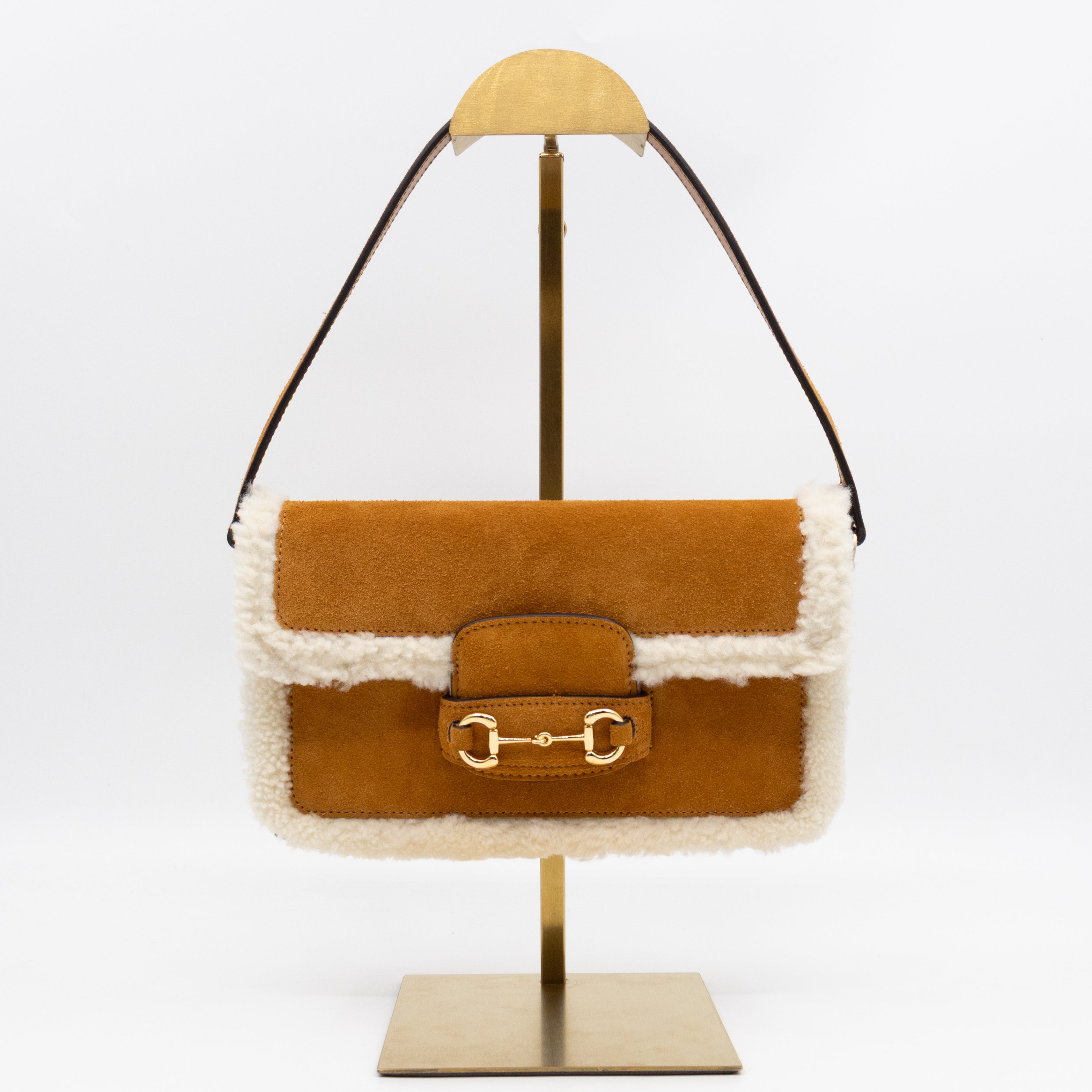 Horsebit 1955 Mini Shoulder Bag Camel Suede Leather Shearling
