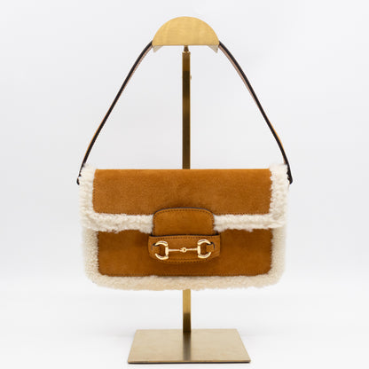 Horsebit 1955 Mini Shoulder Bag Camel Suede Leather Shearling