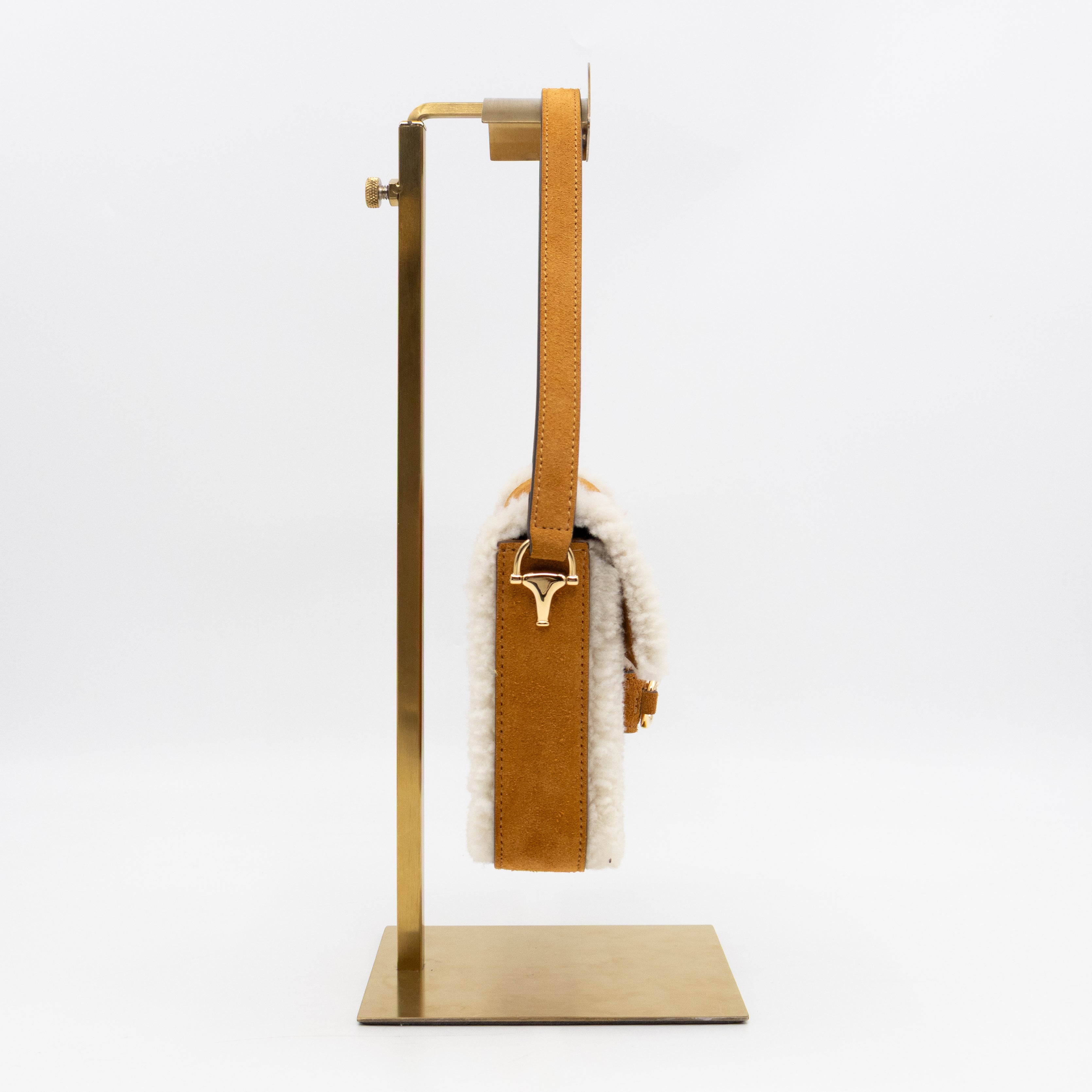 Horsebit 1955 Mini Shoulder Bag Camel Suede Leather Shearling