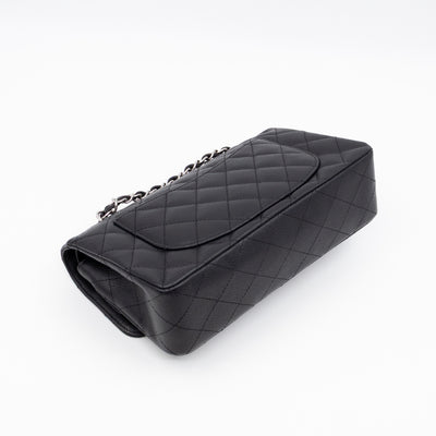 Classic Double Flap Small Black Caviarskin Silver