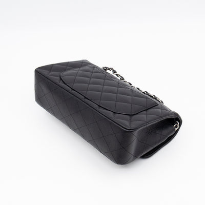 Classic Double Flap Small Black Caviarskin Silver