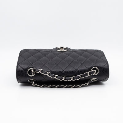 Classic Double Flap Small Black Caviarskin Silver