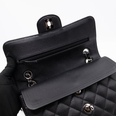 Classic Double Flap Small Black Caviarskin Silver