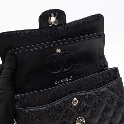 Classic Double Flap Small Black Caviarskin Silver