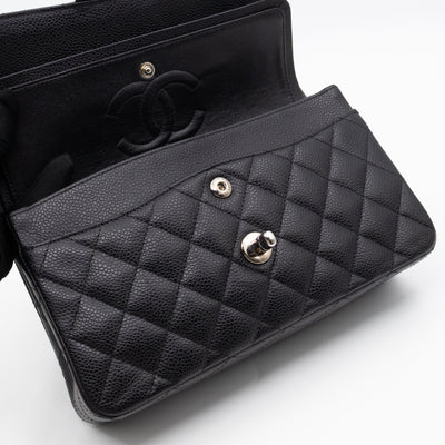 Classic Double Flap Small Black Caviarskin Silver
