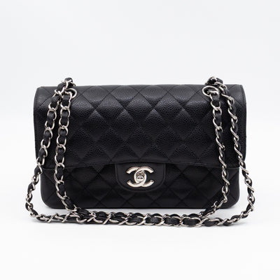 Classic Double Flap Small Black Caviarskin Silver