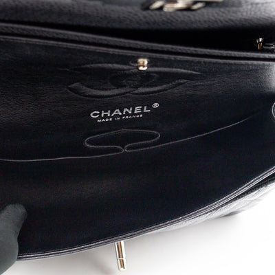 Classic Double Flap Small Black Caviarskin Silver
