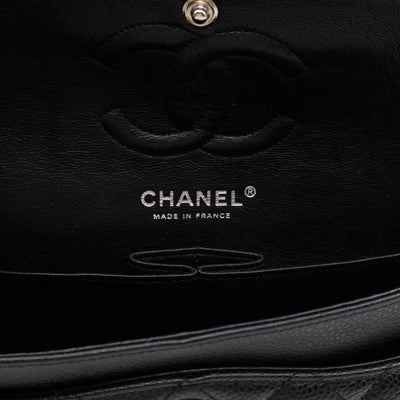 Classic Double Flap Small Black Caviarskin Silver