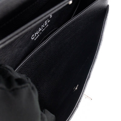 Classic Double Flap Small Black Caviarskin Silver